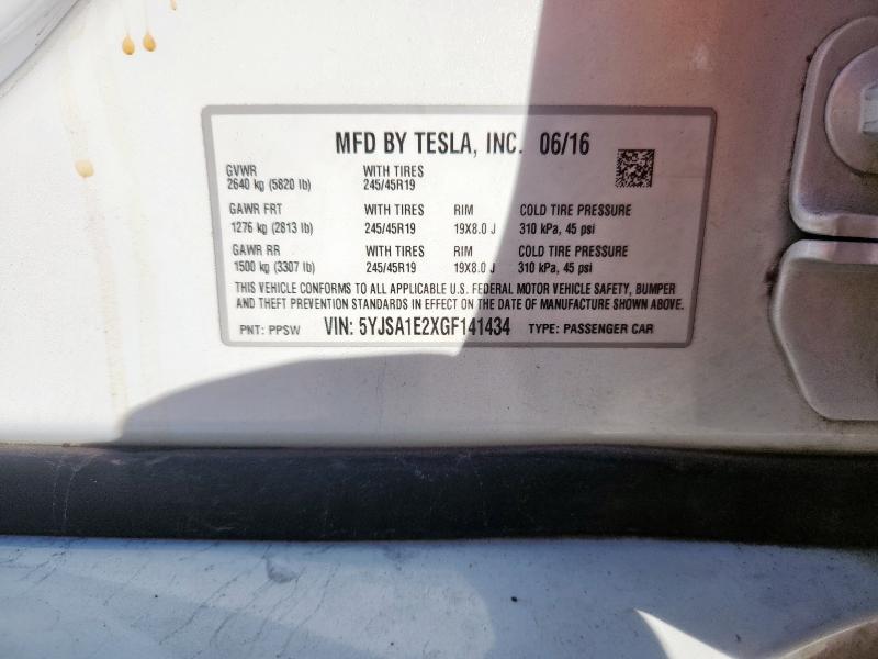 5YJSA1E2XGF141434 - 2016 TESLA MODEL S 白色 照片 12