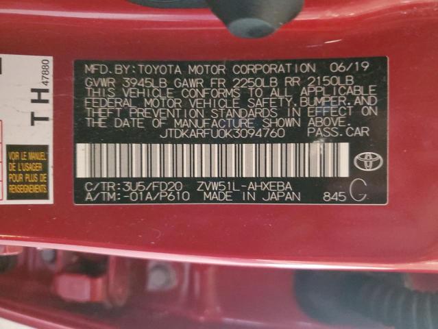 JTDKARFU0K3094760 - 2019 TOYOTA PRIUS Bordo fotoğraf 12
