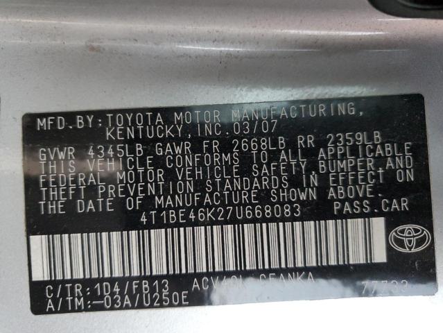 4T1BE46K27U668083 - 2007 TOYOTA CAMRY CE ვერცხლისფერი ფოტო 12