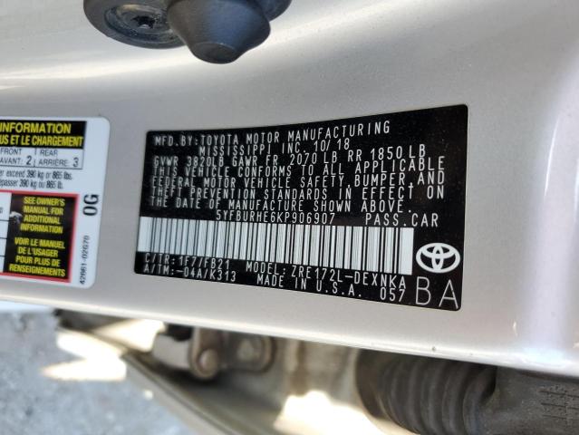 5YFBURHE6KP906907 - 2019 TOYOTA COROLLA L Gümüş fotoğraf 12