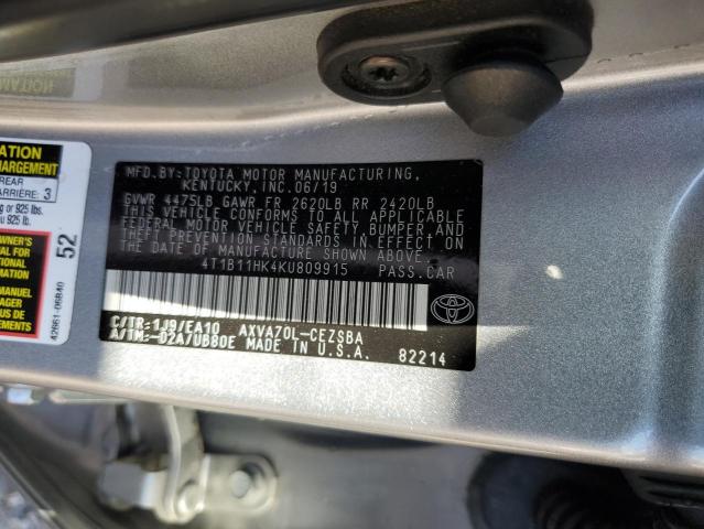 4T1B11HK4KU809915 - 2019 TOYOTA CAMRY L 银色 照片 12