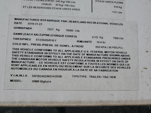 5SFBG4228KE412650 - 2019 HEARTLAND GATEWAY თეთრი ფოტო 10