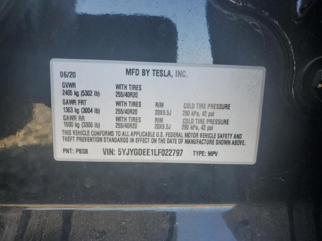 5YJYGDEE1LF022797 - 2020 TESLA MODEL Y 黑色 照片 12