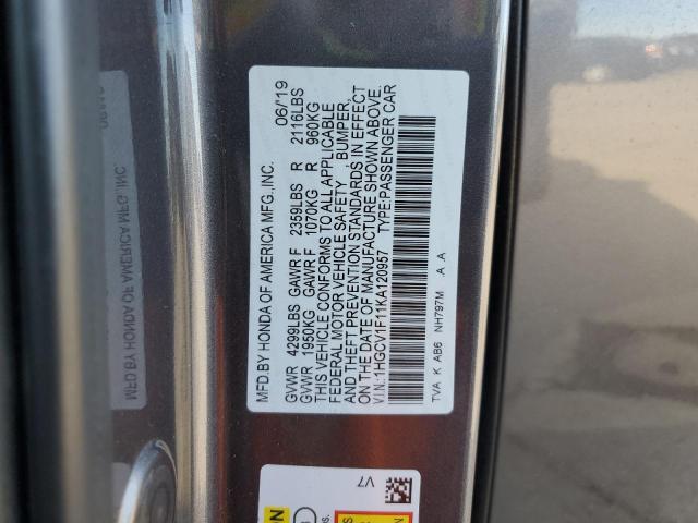 1HGCV1F11KA120957 - 2019 HONDA ACCORD LX GRAY photo 12