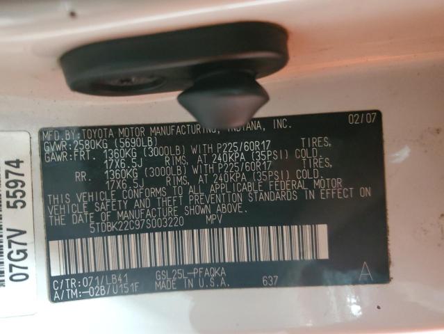 5TDBK22C97S003220 - 2007 TOYOTA SIENNA XLE 白色 照片 13