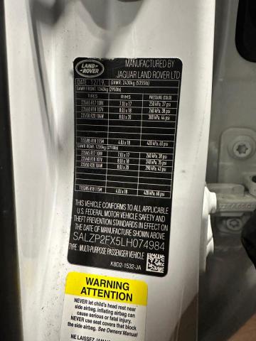 SALZP2FX5LH074984 - 2020 LAND ROVER RANGE ROVE SE WHITE photo 10