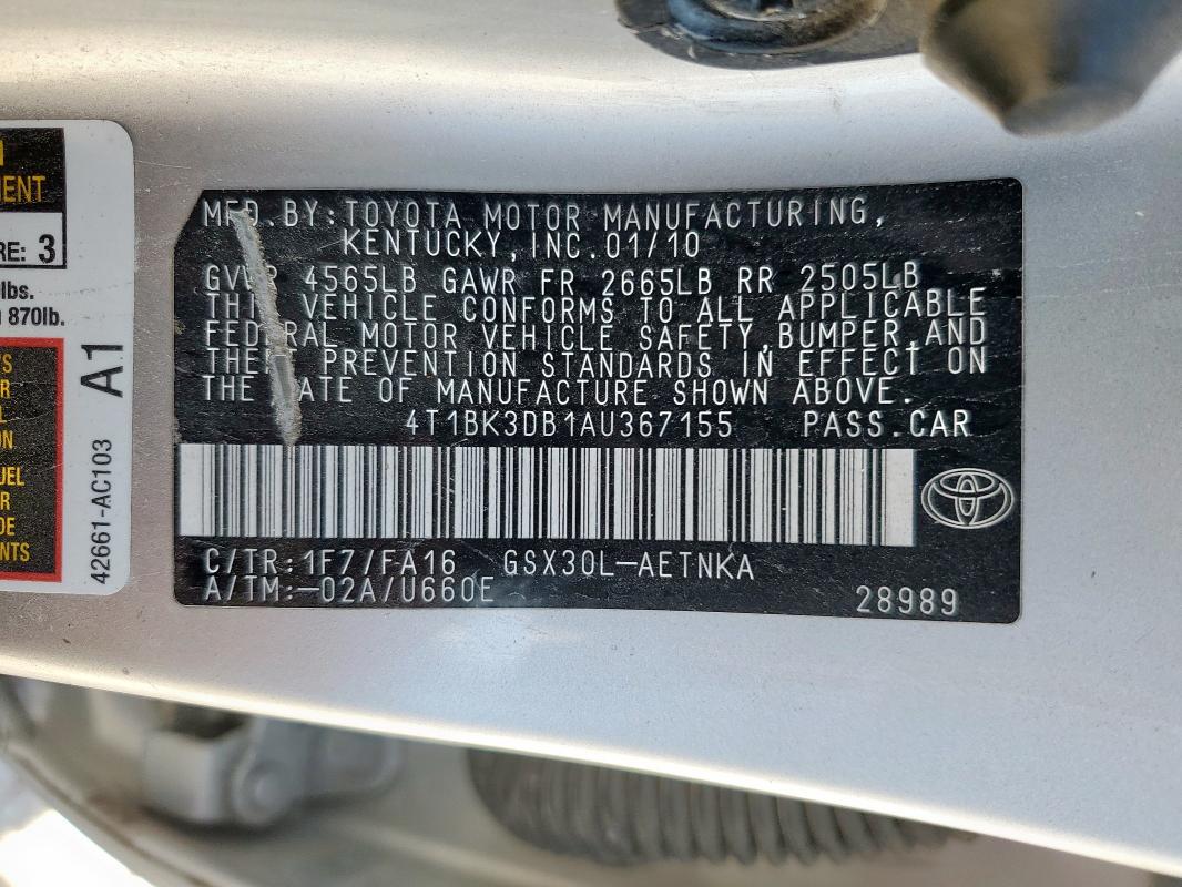 4T1BK3DB1AU367155 - 2010 TOYOTA AVALON XL 银色 照片 12