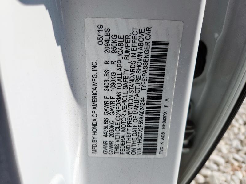 1HGCV2F59KA024244 - 2019 HONDA ACCORD EXL Weiß Foto 12