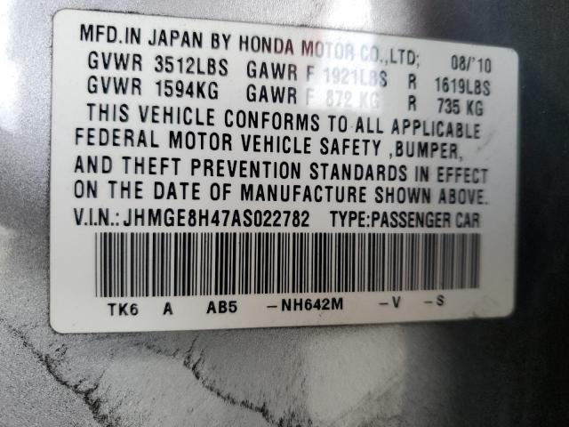 JHMGE8H47AS022782 - 2010 HONDA FIT SPORT SILVER photo 12