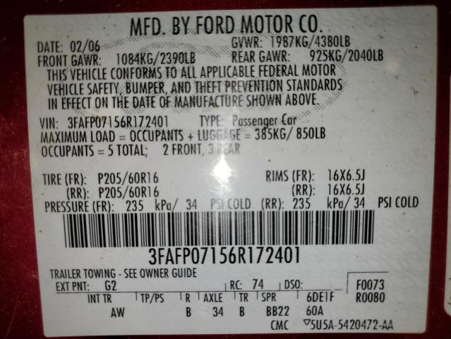 3FAFP07156R172401 - 2006 FORD FUSION SE MAROON photo 12