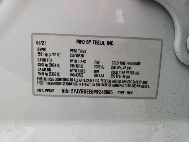 5YJYGDEE0MF248086 - 2021 TESLA MODEL Y WHITE photo 12