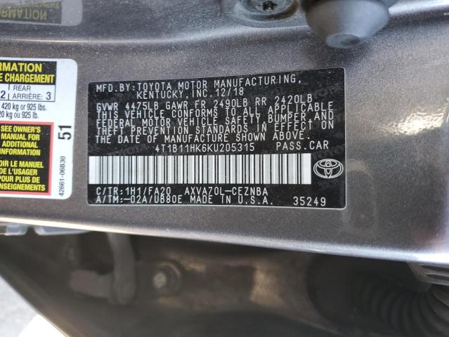 4T1B11HK6KU205315 - 2019 TOYOTA CAMRY L 石墨色 照片 12