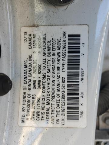 2HGFC2E8XKH521822 - 2019 HONDA CIVIC SPORT أبيض صورة 12