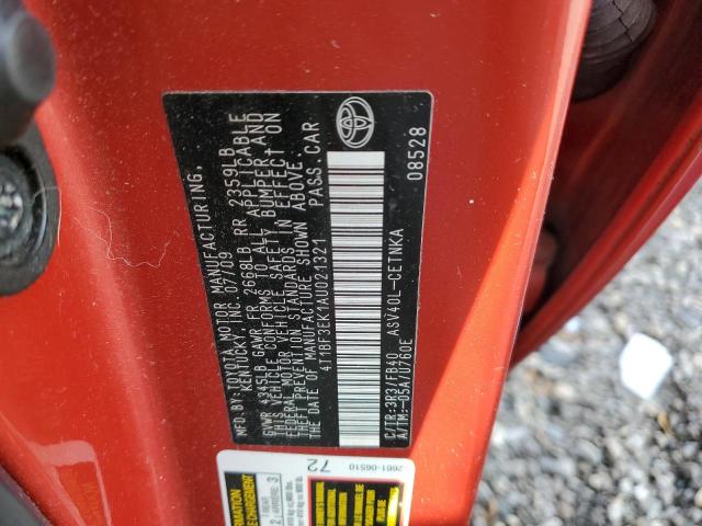 4T1BF3EK1AU021321 - 2010 TOYOTA CAMRY BASE RED photo 12