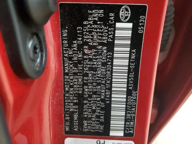 4T4BF1FK2DR304713 - 2013 TOYOTA CAMRY L RED photo 12