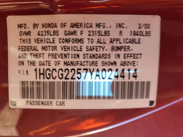 1HGCG2257YA024414 - 2000 HONDA ACCORD EX RED photo 12