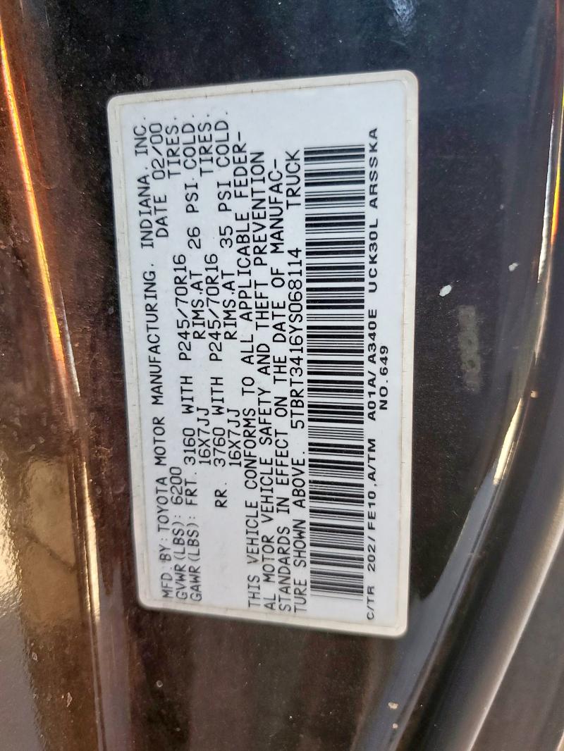 5TBRT3416YS068114 - 2000 TOYOTA TUNDRA ACCESS CAB Czarny zdjęcie 12