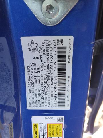 2HGFE1F79NH307838 - 2022 HONDA CIVIC EX BLUE photo 12