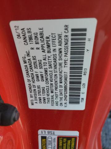 2HGFG3B89CH546517 - 2012 HONDA CIVIC EX RED photo 12