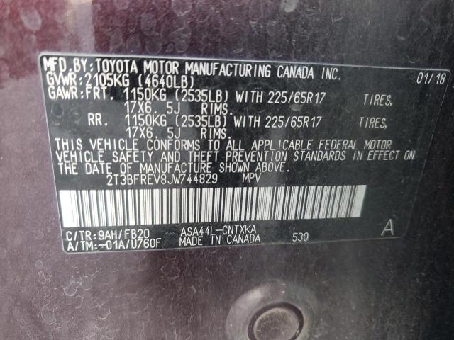 2T3BFREV8JW744829 - 2018 TOYOTA RAV4 LE Lila Foto 12