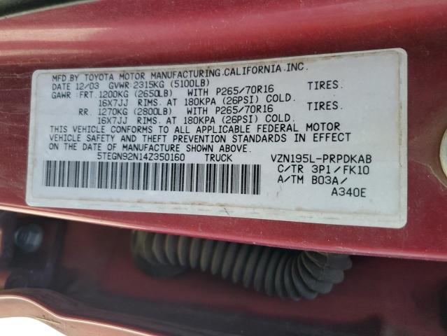 5TEGN92N14Z350160 - 2004 TOYOTA TACOMA DOUBLE CAB PRERUNNER RED photo 12