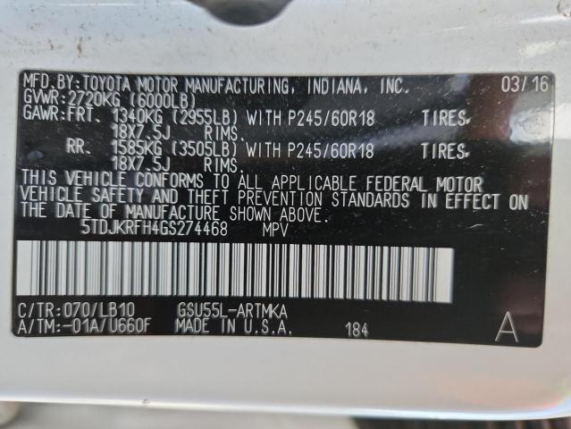 5TDJKRFH4GS274468 - 2016 TOYOTA HIGHLANDER XLE Սպիտակ լուսանկար 14