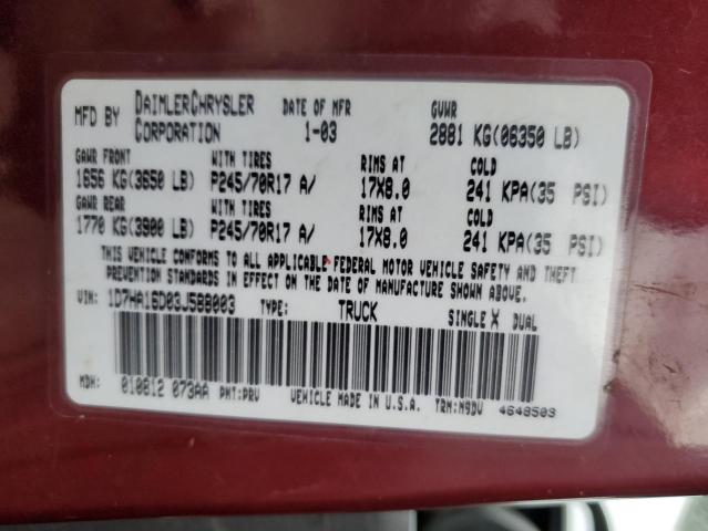 1D7HA16D03J588003 - 2003 DODGE RAM 1500 ST MAROON photo 13