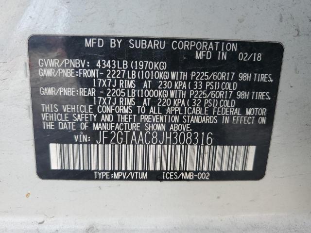 JF2GTAAC8JH308316 - 2018 SUBARU CROSSTREK Biały zdjęcie 13