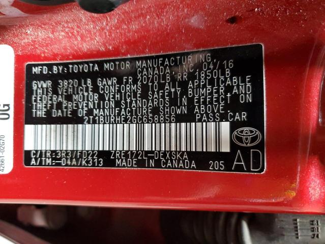 2T1BURHE2GC658856 - 2016 TOYOTA COROLLA L RED photo 12
