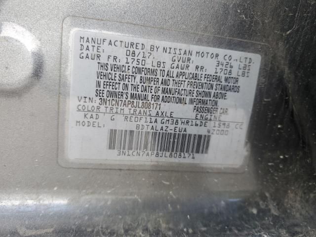 3N1CN7AP8JL808171 - 2018 NISSAN VERSA S 灰色 照片 12