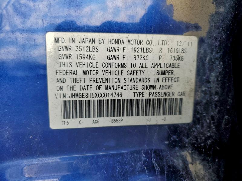 JHMGE8H5XCC014746 - 2012 HONDA FIT SPORT أزرق صورة 12