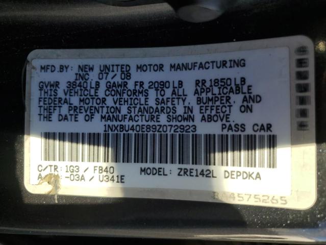 1NXBU40E89Z072923 - 2009 TOYOTA COROLLA BASE GRAY photo 12