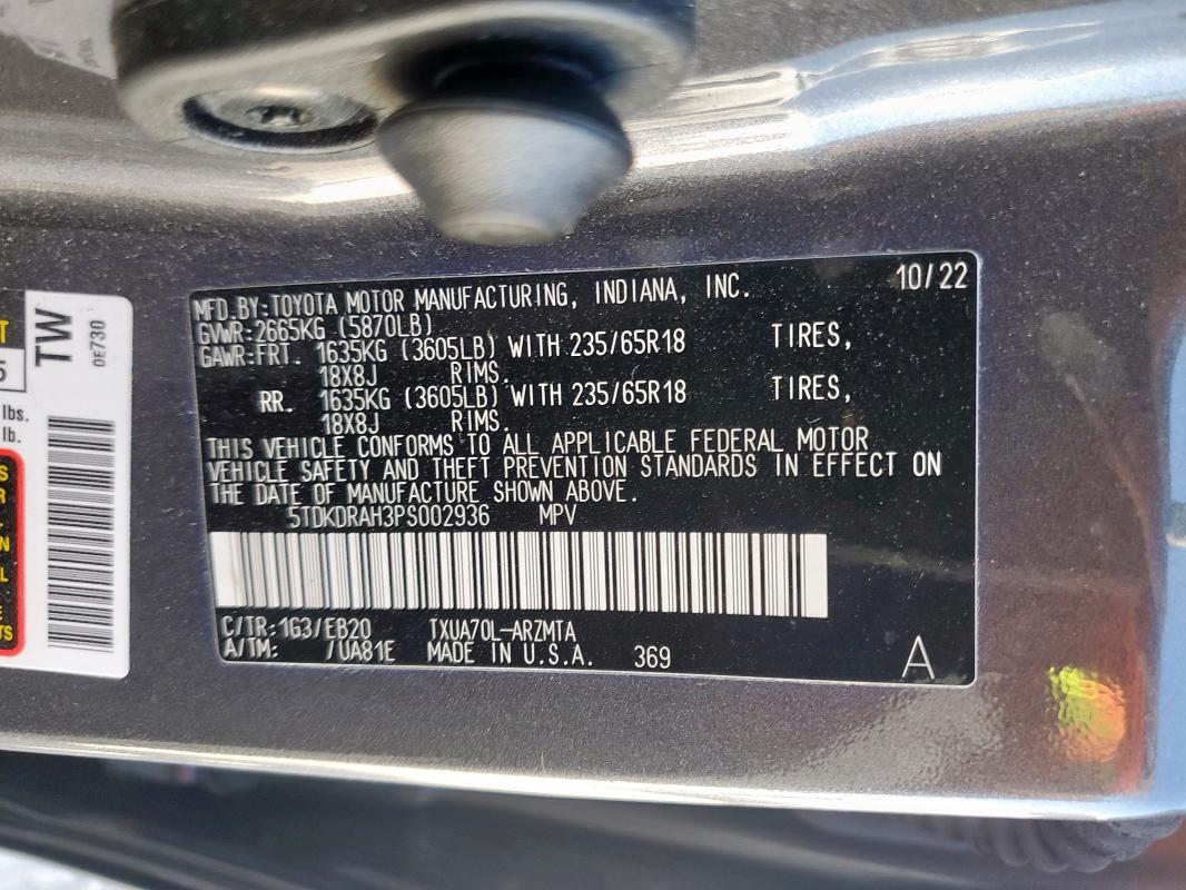 5TDKDRAH3PS002936 - 2023 TOYOTA HIGHLANDER L GRAY photo 13