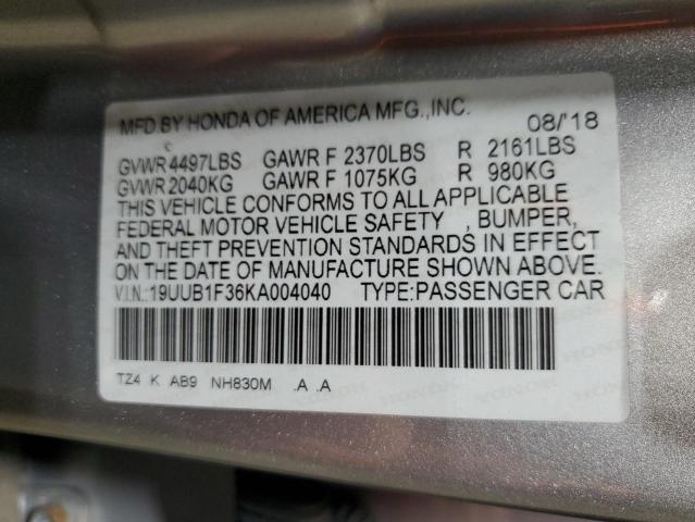 19UUB1F36KA004040 - 2019 ACURA TLX SILVER photo 13