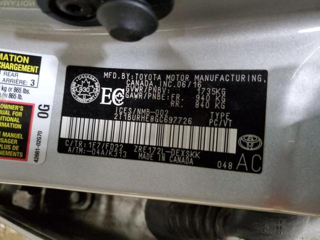 2T1BURHE8GC697726 - 2016 TOYOTA COROLLA L SILVER photo 12