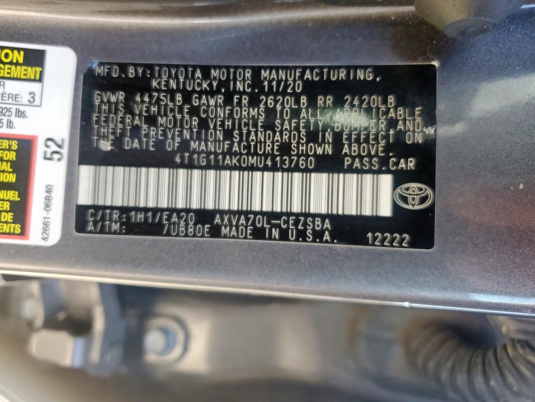 4T1G11AK0MU413760 - 2021 TOYOTA CAMRY SE GRAY photo 12