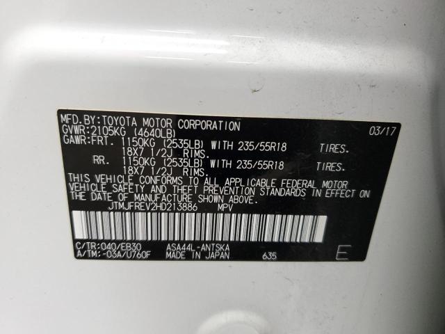 JTMJFREV2HD213886 - 2017 TOYOTA RAV4 SE WHITE photo 13