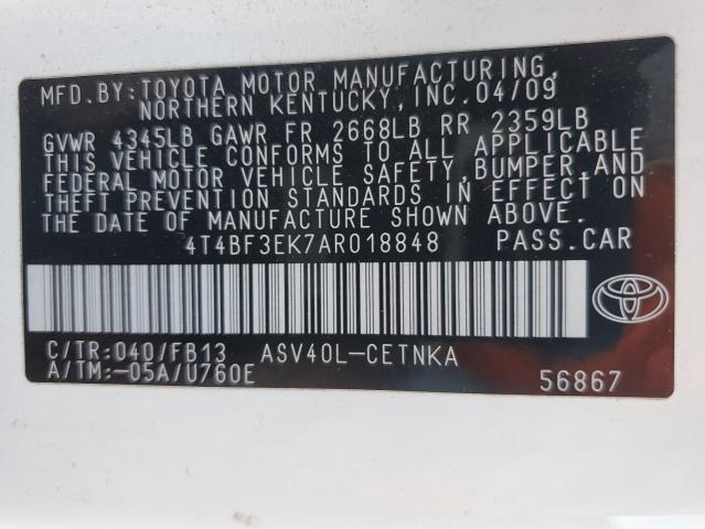 4T4BF3EK7AR018848 - 2010 TOYOTA CAMRY BASE WHITE photo 13