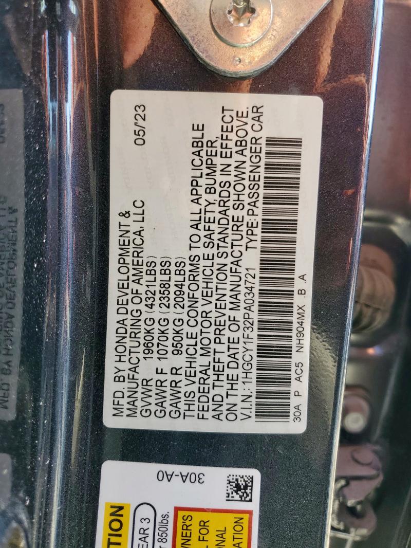 1HGCY1F32PA034721 - 2023 HONDA ACCORD EX GRAY photo 12