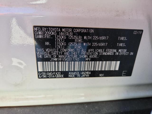 JTMW1RFV5KD017743 - 2019 TOYOTA RAV4 XLE Ağ foto 12