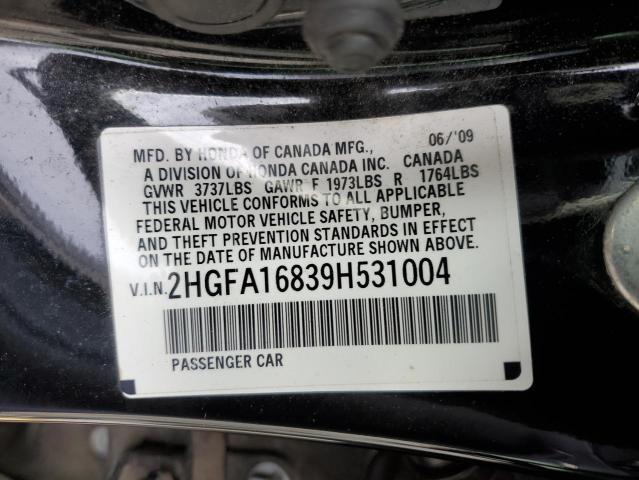 2HGFA16839H531004 - 2009 HONDA CIVIC EX BLACK photo 12
