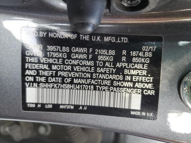 SHHFK7H58HU417018 - 2017 HONDA CIVIC EX GRAY photo 12