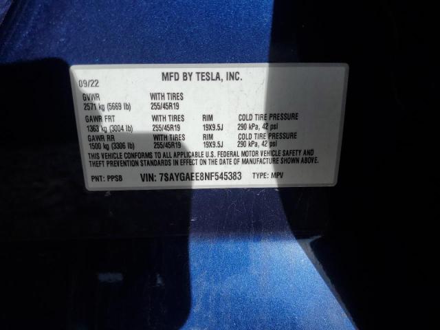 7SAYGAEE8NF545383 - 2022 TESLA MODEL Y Mavi foto 12