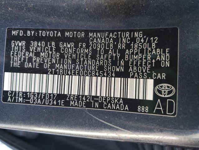 2T1BU4EE0CC845434 - 2012 TOYOTA COROLLA BASE Gri fotoğraf 13