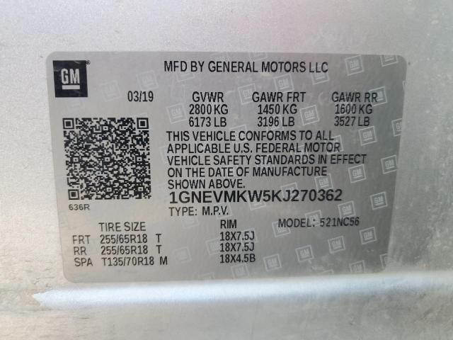 1GNEVMKW5KJ270362 - 2019 CHEVROLET TRAVERSE LT 银色 照片 13