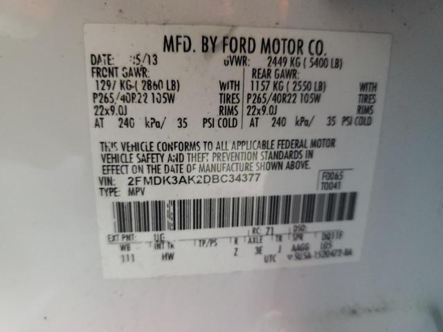 2FMDK3AK2DBC34377 - 2013 FORD EDGE SPORT WHITE photo 13