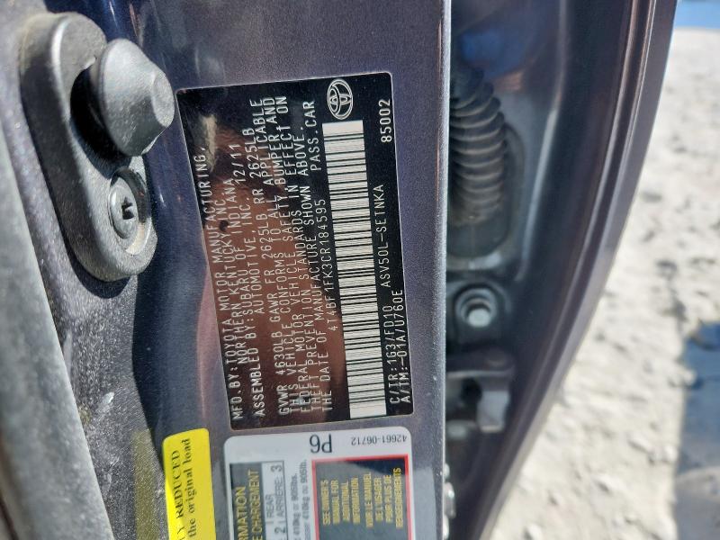 4T4BF1FK3CR184595 - 2012 TOYOTA CAMRY BASE ნაცრისფერი ფოტო 12