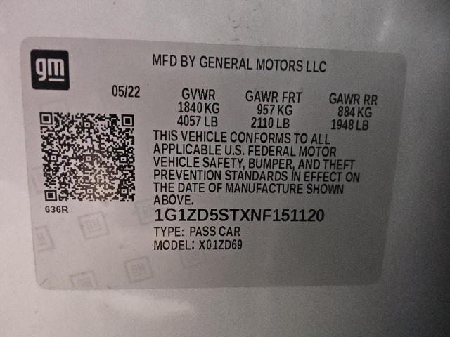 1G1ZD5STXNF151120 - 2022 CHEVROLET MALIBU LT 银色 照片 12