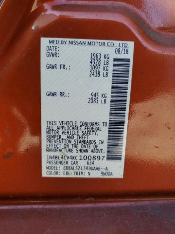 1N4BL4CV4KC100897 - 2019 NISSAN ALTIMA SR 橙色 照片 12