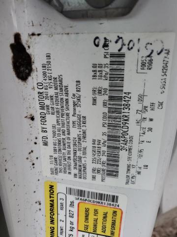 3FA6P0CD9KR138424 - 2019 FORD FUSION SEL WHITE photo 12